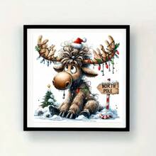 1 pièce Kit d'art de peinture de diamant 5D de style dessin animé de renne d'hiver, diamant pleine forme ronde fait main, décoration murale pour la maison, cadeau