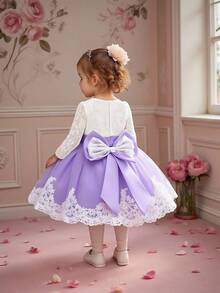 女婴蕾丝网纱露背蝴蝶结优雅可爱花童礼服，适合婚礼、派对和生日等场合，不含头饰