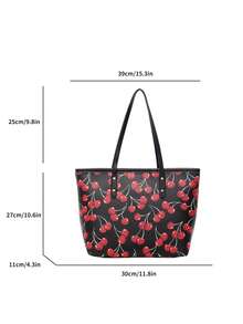 New Cute Cherry Pattern PU Tote Bag, Waterproof Design, Fashionable Large Capacity Shoulder Bag, Suitable For Women's Daily Use, School, Commuting - Black - View 5