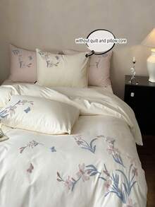 3pcs Elegant Embroidered Orchid Duvet Cover Set (Without Filler)