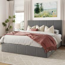 Allewie Full/Queen/King Size Velvet Lift Up Storage Bed Frame, Vertical Channel Tufted Headboard, Hydrualic Underneath Storage, Upholstered Platform Bed, Wooden Slats Support, No Box Spring Needed, Black|White