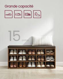 VASAGLE Banc à Chaussures, Meuble d'Entrée, Rangement Chaussures, Assise Rembourrée et 15 Compartiments, Étagère Porte-Chaussures, Capacité de Charge 200 kg, Brun café - Marron - Voir 3