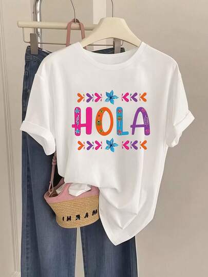 Áo thun tay ngắn thường ngày cỡ lớn dành cho nữ có in lời chào "HOLA" của Tây Ban Nha nhiều màu sắc và hình trái tim hoa - Tiệc mùa hè và trang phục thường ngày, Áo thun nữ
