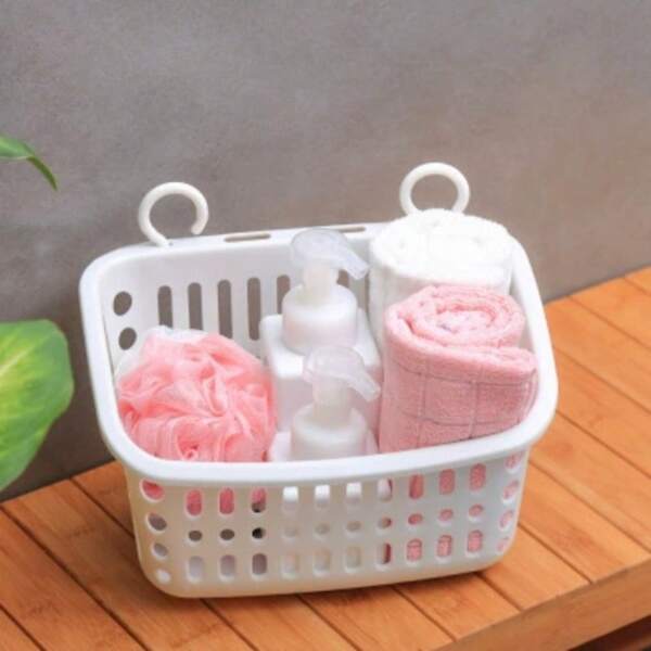 1pc White Plastic Storage Basket With Hooks | Versatile Hanging Organizer For Kitchen, Bathroom & Cosmetics, Perfect For Toiletries, Towels & Cleaning Supplies, Open Top Design For Easy Access