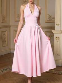 Vestido sin mangas escote en V de unicolor con empalme - Rosa - Ver 2