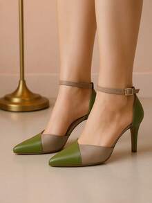 Mozione Women's Pumps Luxury High Heel Bicolor Shoes With Buckle Soft Comfortable - xanh quân đội - Xem 1