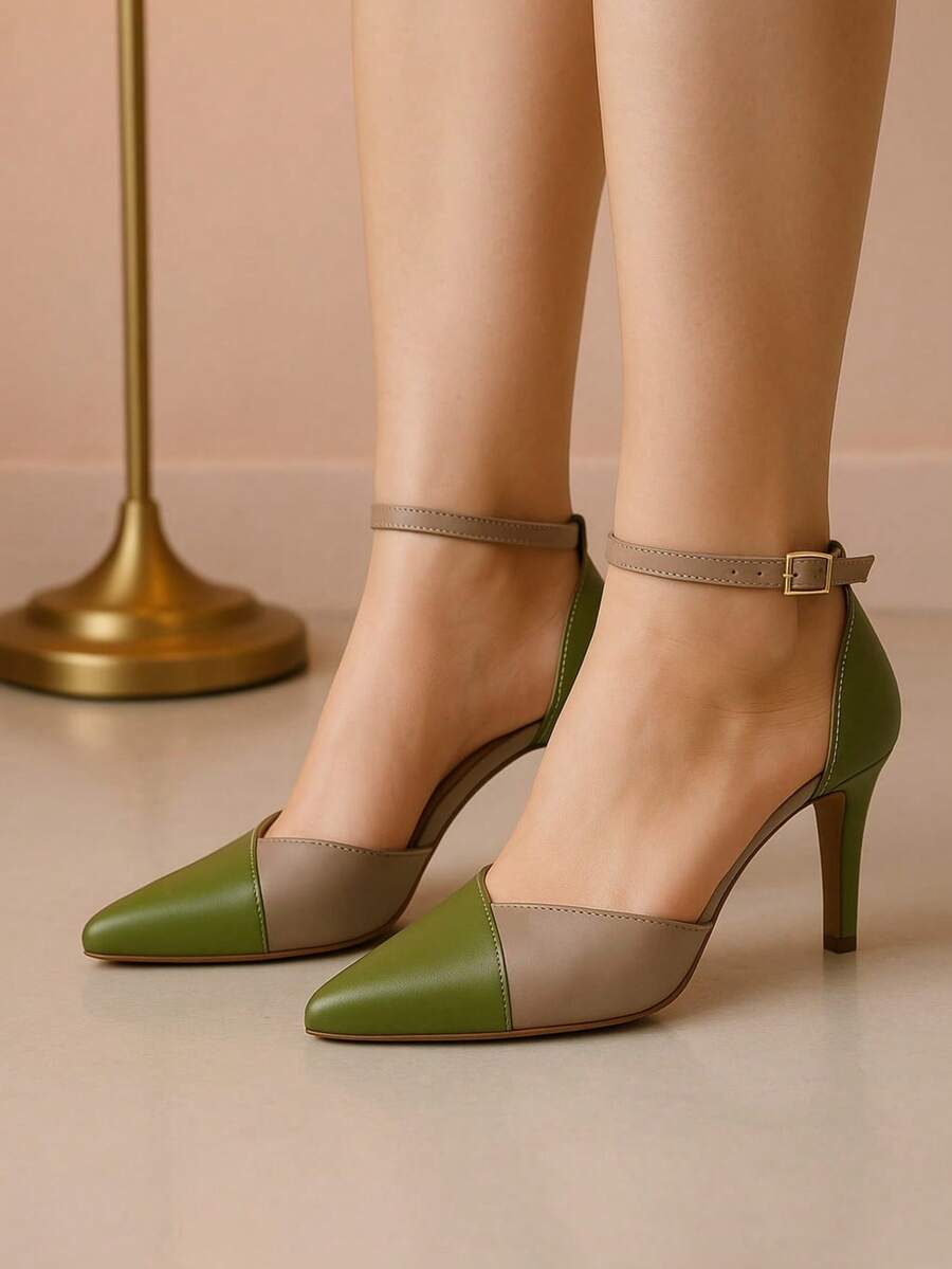 Mozione Women's Pumps Luxury High Heel Bicolor Shoes With Buckle Soft Comfortable - xanh quân đội - Xem 1