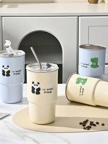 304 Stainless Steel Panda Coffee Cup With Straw Car Portable Water Bottle With Lid Bamboo Cup Luxury Cup Thermal Cup New For Summer