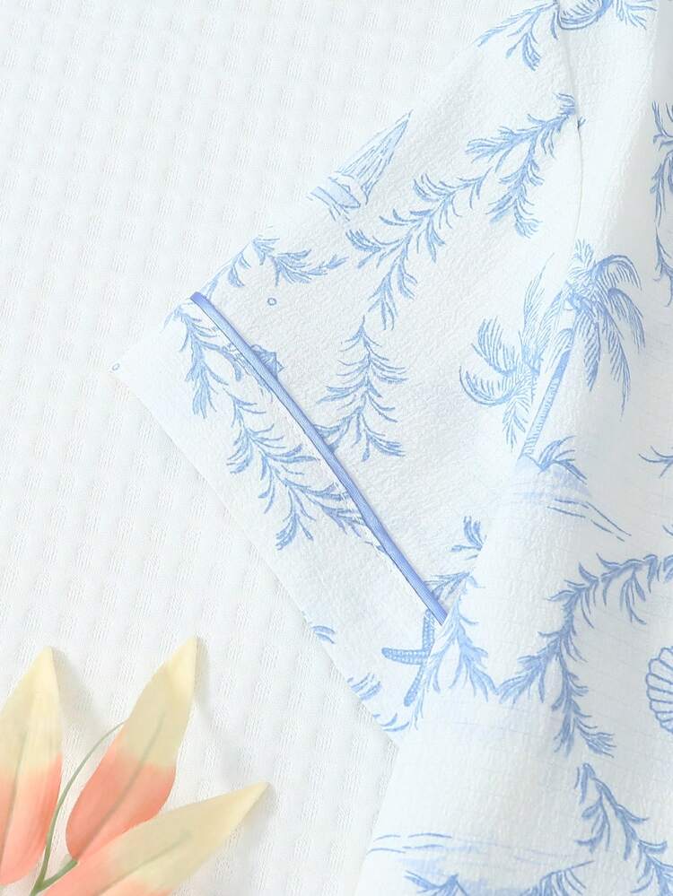 2 件套椰子树和船印花翻领纽扣短袖衬衫带口袋和蝴蝶结短裤睡衣套装，适合女性室内/家居穿着，春夏季 - 淺藍色 - 查看 6