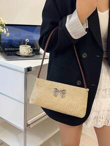 女士撞色蝴蝶结草编单肩包，时尚度假风 - 咖啡 - 查看 5
