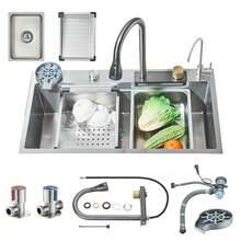 [Conjunto de fregadero de cocina de acero inoxidable 304]80*45cm plateado con perilla de control de temperatura + grifo de agua purificada + limpiador de vasos fregadero multifuncional integral - Níquel cepillado (80 cm x 45 cm) - Ver 9