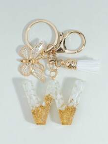 可爱字母钥匙扣，白色钥匙扣，金色箔印大写字母树脂钥匙圈吊坠，蝴蝶流苏挂饰，时尚钥匙扣，女士礼物，钱包包包装饰，父亲节、母亲节、生日、感恩节、圣诞节礼物，创意礼物，带证件套挂绳，汽车配件，包包挂饰 - 白色 - 查看 29