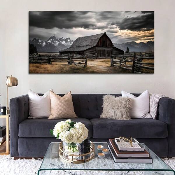 1 pièce Murale d'art de paysage rustique avec scène de montagne et grange - Décoration murale pour salon, bureau, salle à manger, chambre à coucher - Style moderne classique, murale de salle à manger accent paysager, canevas sans cadre, décoration de salle d'automne, affiche murale sans cadre, fournitures de fête, peinture, images