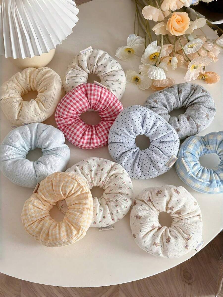 1 pièce Chouchou rembourré à motifs mignons et doux pour femmes en été, à pois multicolores, carreaux, nœud, couleur unie, imprimé floral. Accessoires de cheveux pour queue de cheval, idéal pour la décoration vestimentaire quotidienne, élastiques à cheveux, chouchous, boules de cheveux, pour se laver le visage, accessoire de tête - Multicolore - Voir 1