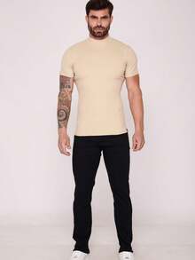 American Style Ribbed High Neck T-Shirt - Khaki - View 3