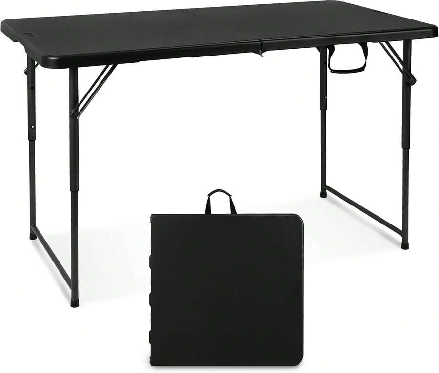 Mesa plegable Byliable de 4 pies, mesa de utilidad plegable de plástico resistente portátil que se dobla a la mitad, mesa pequeña ajustable en altura para interiores y exteriores con asa de transporte, ideal para camping y fiestas, color negro - Negro - Ver 1