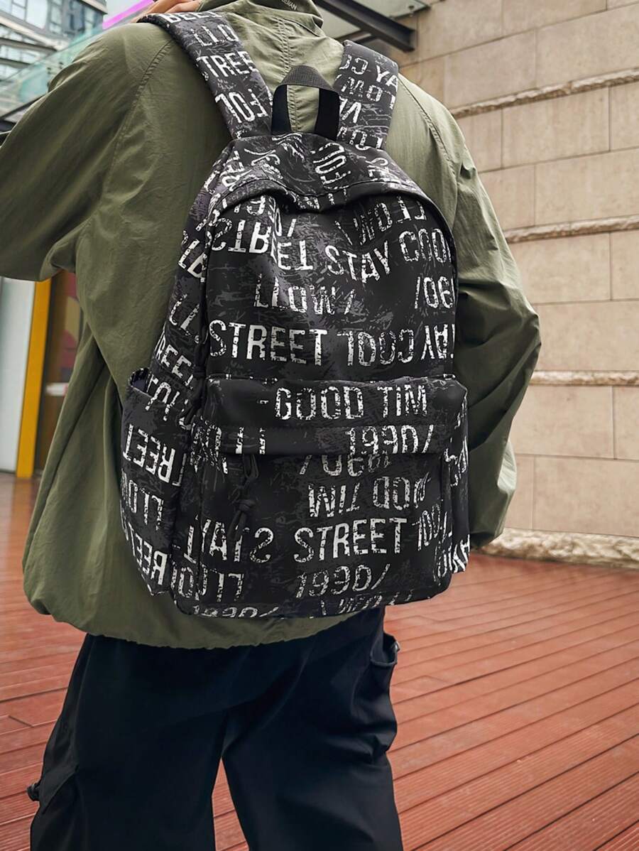 Casual Large Capacity English Numeral Graffiti Contrast Color Multi-Pocket Functional Backpack, Unisex, Suitable For School, Commuting, Shopping, Travel