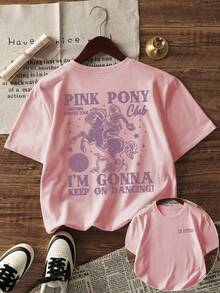 Summer Casual Printed Round Neck Short Sleeve T-Shirt, Suitable For Girls And Children - Artistic Style T-Shirt, Inspiring Imagination And Self-Expression. Children's Wear, Girls Graphic Tee, Summer Top, Teen Clothing - Pink - View 4