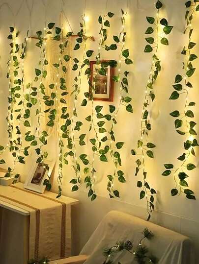 1pc Artificial Ivy Leaf Garland String Light, Realistic Green Vine Design, Battery Powered, With Wire And Leaf Decor, Suitable For Indoor Use, Office, Wall, Mall, Bedroom, Wedding, Party, Restaurant Decoration