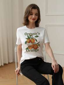 Damen einfaches, lässiges Top mit Früchte- und Buchstabenprint, rundem Ausschnitt und Kurzen Ärmeln, modisch vielseitige Bluse für den Sommer