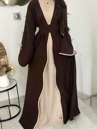 SuofeiMan New Stylish Middle Eastern Minimalist Bow Abaya, Coffee Brown Solid Color Casual Soft Comfortable Jacket Robe With Belt, Festival Robe, Daily Wear Robe
