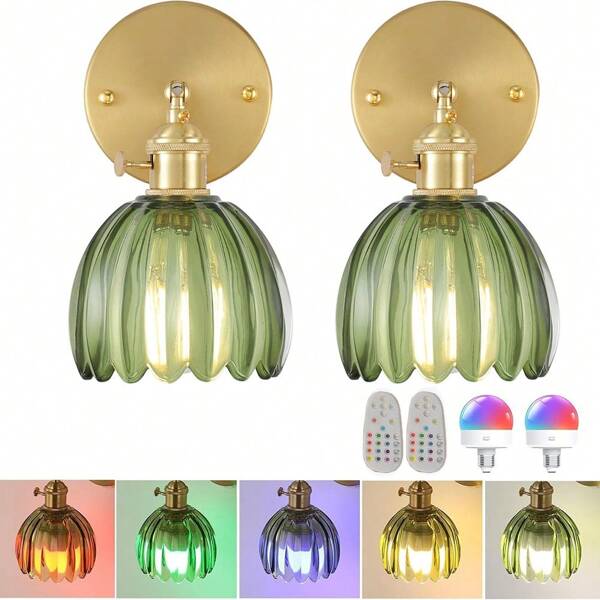 Apliques de pared vintage, luces de pared recargables con control remoto y pantalla de vidrio con forma de flor, apliques de latón ajustables 180° con 15 colores para el dormitorio, sala de estar y entrada (1/2 piezas)