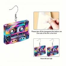 1 par de pendientes acrílicos con diseño 2D de guitarra y cinta de casete de colores - Estilo retro hip-hop, adecuados para festivales de música y fiestas, regalo perfecto para fans, pendientes novedosos - Multicolor - Ver 8
