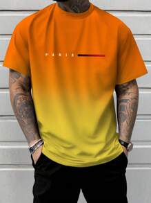 Men's Plus Size Gradient Color Paris Slogan Fashion Print Short-Sleeve Crew Neck T-Shirt