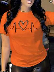 Camiseta Casual de Mujer con Estampado de Leopardo y Gráfico de Corazón & Línea Semi-Transparente de Cuello Redondo, Manga Corta, Transpirable para Verano, Lavable a Máquina, Material Semitransparente - Naranja - Ver 1