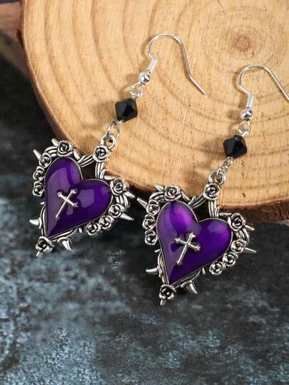Gothic Cross, Heart, Rose Flower, Bow Knot, Thorn Decor Beaded Y2K Earrings For Women, Retro Dark Style
