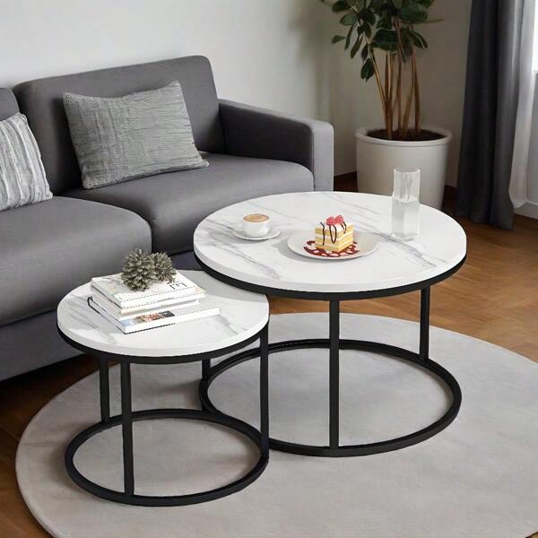 2-teiliges rundes Couchtisch-Set, stapelbare Couchtische, runde Beistelltische für das Wohnzimmer, Metallrahmen, runde Beistelltische, 50 x 70,5 cm, braun