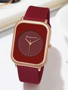 1 pieza Reloj de mujer elegante con esfera rectangular y cuarzo simple, con correa de silicona, adecuado para deportes y uso diario, color rojo - Rojo - Ver 11
