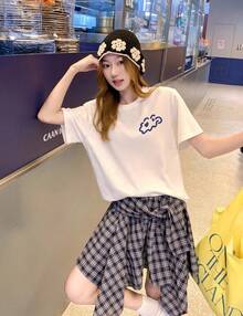 Women's Short-Sleeved Pullover T-Shirt For Summer, Simple, 100% Pure Cotton, Blue Cloud Print - 杏色 - 查看 1