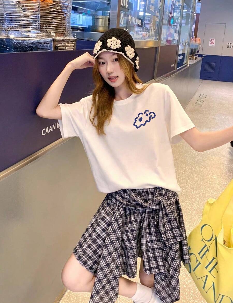 Women's Short-Sleeved Pullover T-Shirt For Summer, Simple, 100% Pure Cotton, Blue Cloud Print - 杏色 - 查看 1