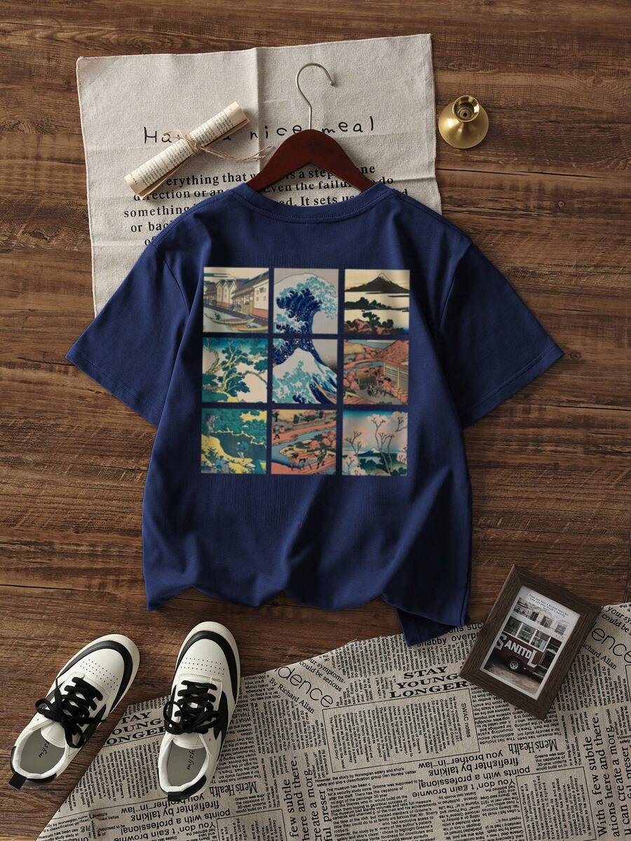 日本浮世绘印花宽松圆领夏季T恤，百搭畅销 - 藏藍 - 查看 1