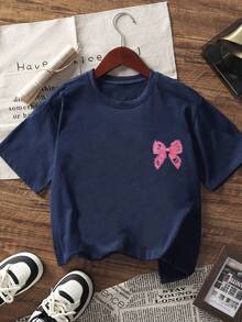 1pc Tween Girls' Bowknot Print Pullover Navy Short Sleeve T-Shirt, Student Youth Wear, Comfortable & Fashionable Summer Top