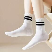 5 双女式中筒袜，双面条纹 - 纯色弹性罗纹袜腿，柔软透气面料，适合休闲、轻度运动和日常穿着 - 中性色（黑色、灰色、粉色、白色、米色），可爱袜子