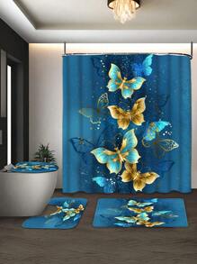 1/4 pièces Ensemble de rideaux de douche avec papillons dorés brillants - Fond bleu haut de gamme avec impression de papillons dorés, en tissu de polyester, imperméable et facile à nettoyer, 12 crochets, tapis antidérapant, tapis de sol en U, housse de siège de toilette - idéal pour le dortoir, la décoration de salle de bain de la maison, toutes les saisons
