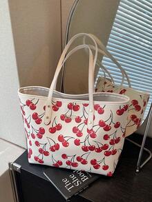 新款可爱樱桃图案PU手提包，防水设计，时尚大容量单肩包，适合女性日常使用、上学、通勤，可折叠，商务休闲皆宜，适合女大学生、教师、上班族、度假、海滩、购物等场合。 - 白色 - 查看 3