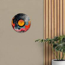 1 pieza Decoración de pared de metal con tema de disco de vinilo negro, placa decorativa redonda de metal de 8 pulgadas, impresión de alta definición, resistente a la intemperie, con agujeros previamente perforados, sin electricidad, adecuada para la entrada del hogar y la decoración de Acción de Gracias - Estilo de agujero aleatorio