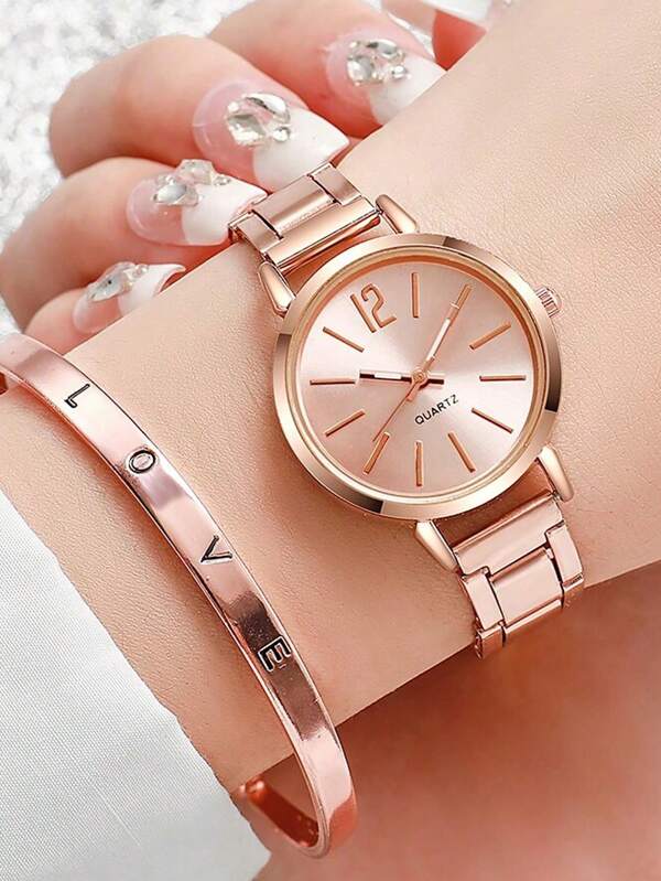 Set de 2 piezas de lujo dorado - Reloj de mujer y pulsera con pulsera "LOVE" como regalo para mujeres