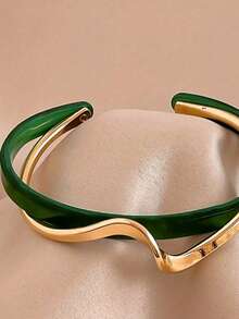Brazalete con forma de onda para mujer, joyería de metal con un diseño curvo y suave, versátil para uso diario y accesorios de vacaciones, pulsera, joyería para el día a día, estética retro, superficie brillante. - Verde - Ver 2