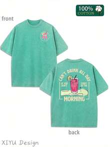 Men's Retro Y2K Style "Can't Drink All Day" Double-Sided Printed Cotton T-Shirt-Black, Loose Version, Short Sleeves, Round Neck, 100% Cotton, Casual Season Shirt, Machine Washable. - 草綠色 - 查看 1