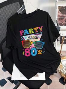 加大码女式80年代复古印花夏季圆领短袖T恤，情人节黑色 - 黑色 - 查看 11