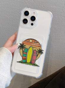1 pieza Funda de teléfono creativa con tema de playa y océano, con patrones de árbol de coco, sol, nube y monopatín, de material TPU transparente, adecuada como regalo, compatible con iPhone XS/XS Max/XR/11/12/13/14/15/16 Pro/Pro Max/14/15/16 Plus