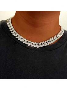 HipHop Men Women 13MM Prong Cuban Link Chain Necklace Bling Iced Out 2 Row Rhinestone Paved Miami Rhombus Cuban Necklace Jewelry