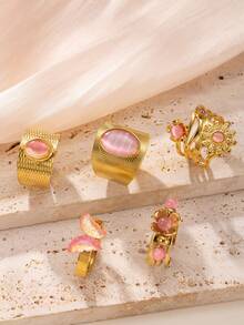 5 件复古不对称猫眼蝴蝶不锈钢可调节戒指套装，适合男女，适合节日、婚礼、订婚、约会、日常佩戴 - 金色 - 查看 6