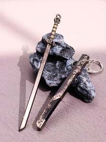 1件男士金属武器模型，带鞘，合金饰品，剑形钥匙链吊坠装饰，适合送礼和日常使用，学校汽车配件，可爱哥特风Y2K包包配件，带证件夹的挂绳，汽车配件包饰，送给母亲、父亲、毕业生和老师的礼物 - 銅色 - 查看 5