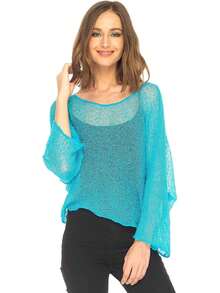 Women Knit Cover-Up, See-Through Solid Irregular Loose Pullover Summer Beach Tops - Blue - View 2
