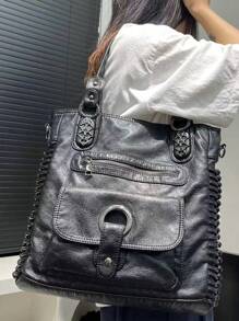 Ladies' Fashionable Retro Casual Cool Handbag, Personalized Y2K Spicy Girl Motorcycle Bag, Street Style Washed Plain Leather Imitation Leather City Bag, Suitable For Work, Commuting, Dating, Party Large Capacity Multi Pocket Single Shoulder Crossbody Bag, Black